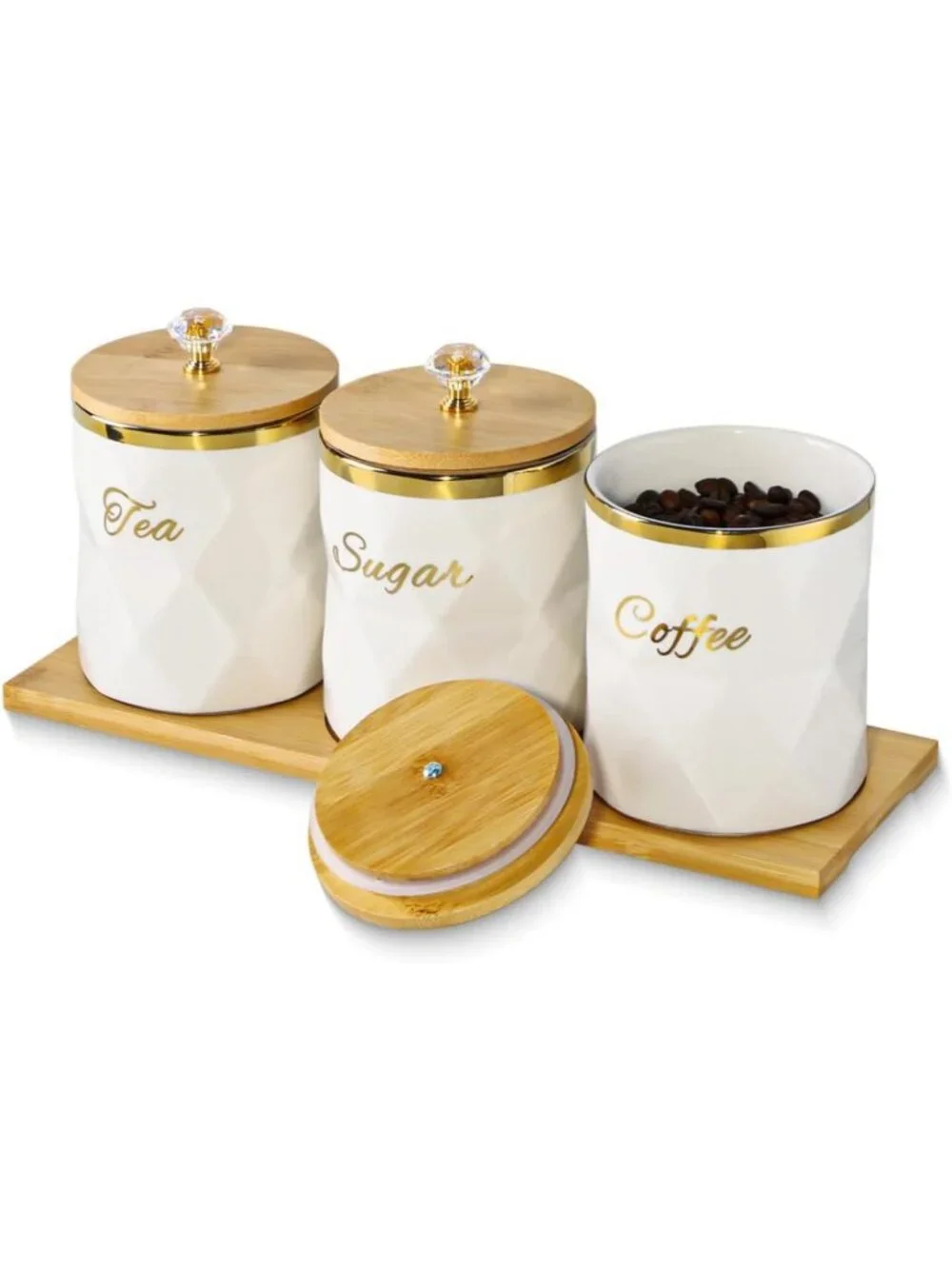 Set of 3 White Ceramic Canisters with Bamboo Lids - Airtight Storage for Coffee